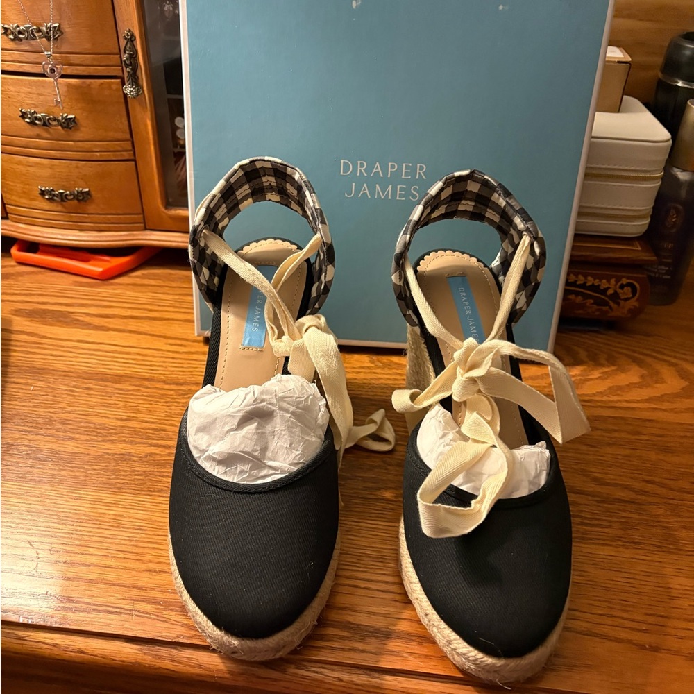 Draper James Black Espadrille Wedges with Cream Ankle Ties and Gingham Trim